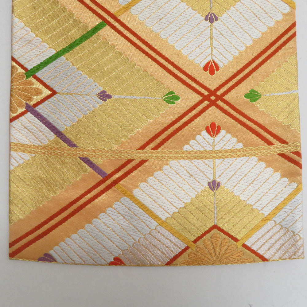 袋帯 正絹 金糸 ゴールド系 菱型に華文様 金色x多色 六通柄