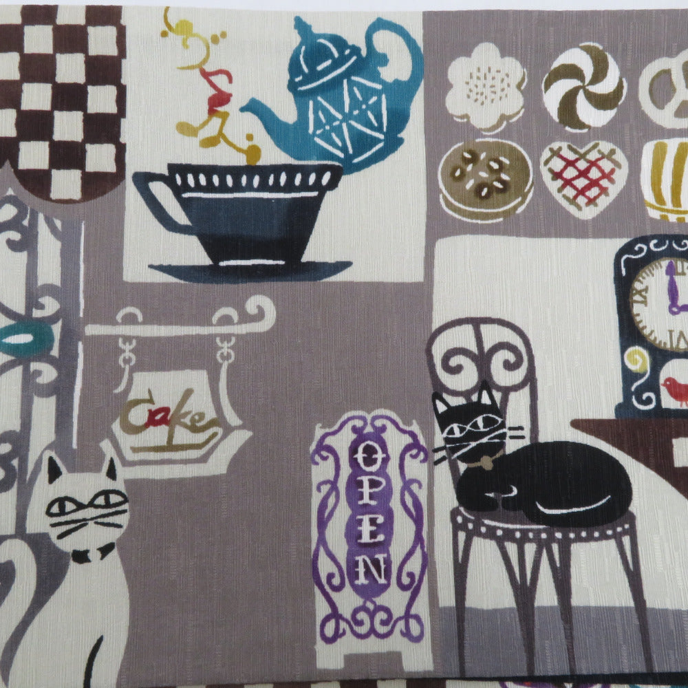 半幅帯 WAKKA ワッカ 猫カフェ クッキー柄 正絹 グレーxネイビー