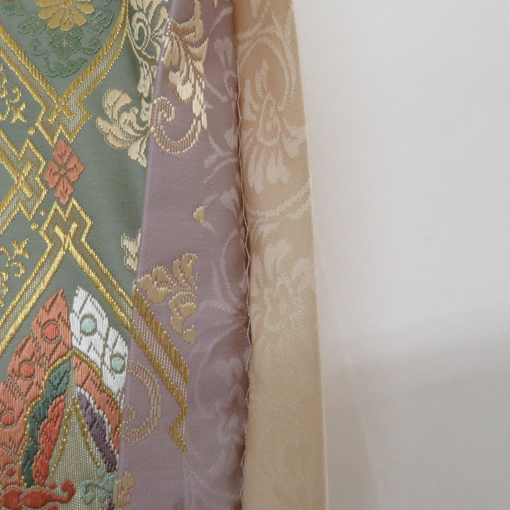 袋帯 唐織 金糸 六通柄 ゴールドx多色 菱型に唐草文様 正絹 仕立て