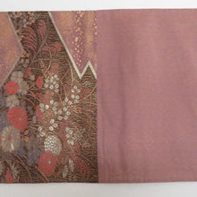 Load image into Gallery viewer, 袋帯 金糸銀糸 六通柄 すくい織 稲妻に秋の花々文様 茶色ｘゴールド 正絹 仕立て上がり 長さ440cm