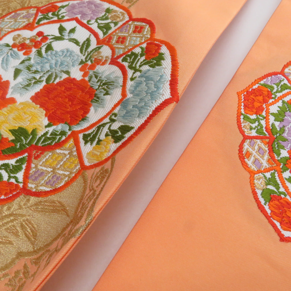 名古屋帯 正絹 クリームオレンジx多色 刺繍入り 金糸 お太鼓柄 華文