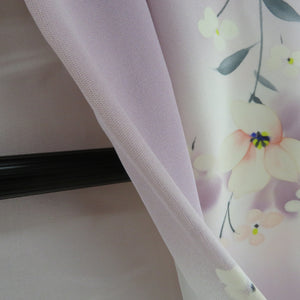 小紋 袷 薄紫色x白色x多色 ぼかし染め パステル系 花模様 正絹 バチ衿 仕立て上がり着物 身丈154cm