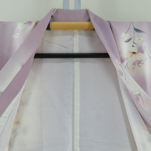 小紋 袷 薄紫色x白色x多色 ぼかし染め パステル系 花模様 正絹 バチ衿 仕立て上がり着物 身丈154cm