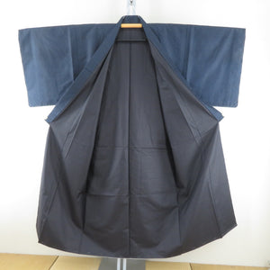 男着物 紬 アンサンブル 袷 黒色ｘ青色 正絹 男性用きもの 羽織 セット 富士山風景模様 メンズ 仕立て上がり 和服 男物 カジュアル 身丈144cm