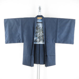 男着物 紬 アンサンブル 袷 黒色ｘ青色 正絹 男性用きもの 羽織 セット 富士山風景模様 メンズ 仕立て上がり 和服 男物 カジュアル 身丈144cm