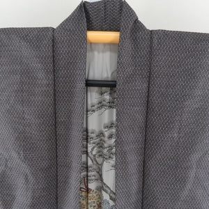 男着物 紬 アンサンブル 袷 黒色 正絹 男性用きもの 羽織 セット 松に坪模様 メンズ 仕立て上がり 和服 男物 カジュアル 身丈135.5cm