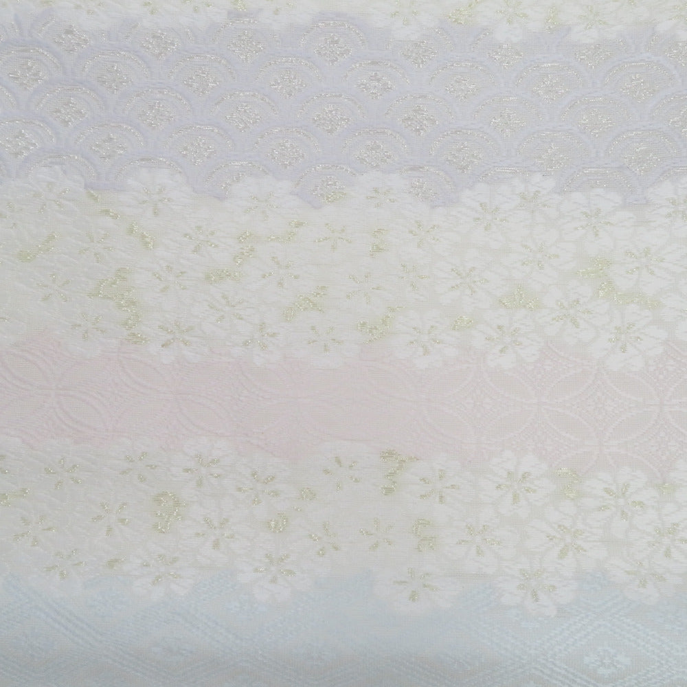 名古屋帯 夏用 絽 桜に七宝模様 白色x薄ピンク色 パステル系 金糸銀糸