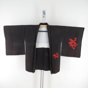 羽織 絹 ダークブラウンｘ赤色 蔦紋 菊に紅葉模様 着物上着 着物ジャケット ちりよけ 仕立て上がり 身丈78.5cm