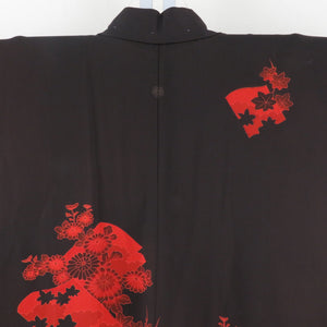 羽織 絹 ダークブラウンｘ赤色 蔦紋 菊に紅葉模様 着物上着 着物ジャケット ちりよけ 仕立て上がり 身丈78.5cm