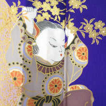 Load image into Gallery viewer, 付下げ 単衣 ポリエステル 濃い紫色ｘ金色 童子紋様 踊り用 ステージ用 舞台用 バチ衿 仕立て上がり 身丈158cm