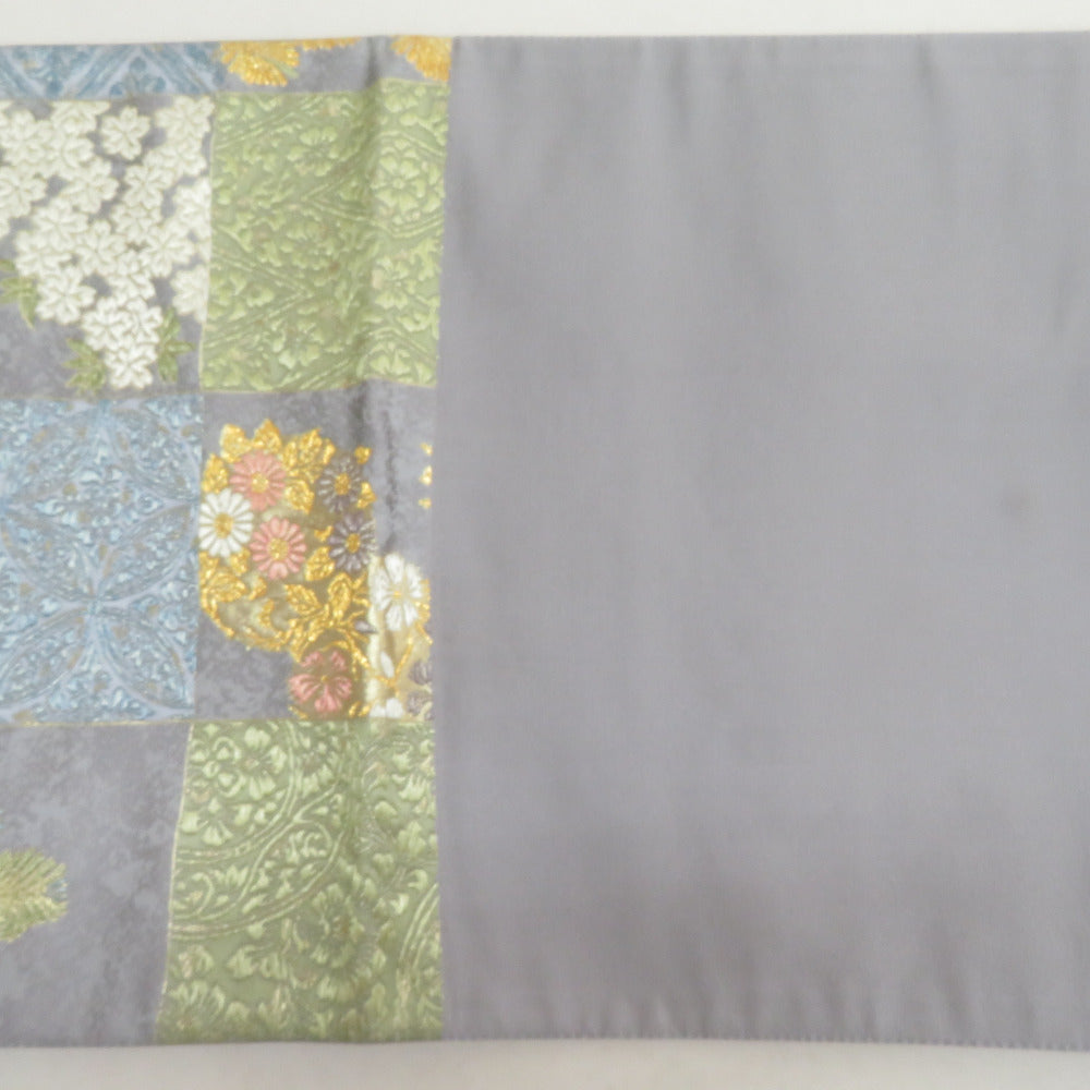 袋帯 振袖用 金糸銀糸 グレーx多色 市松に花々紋様 六通柄 正絹