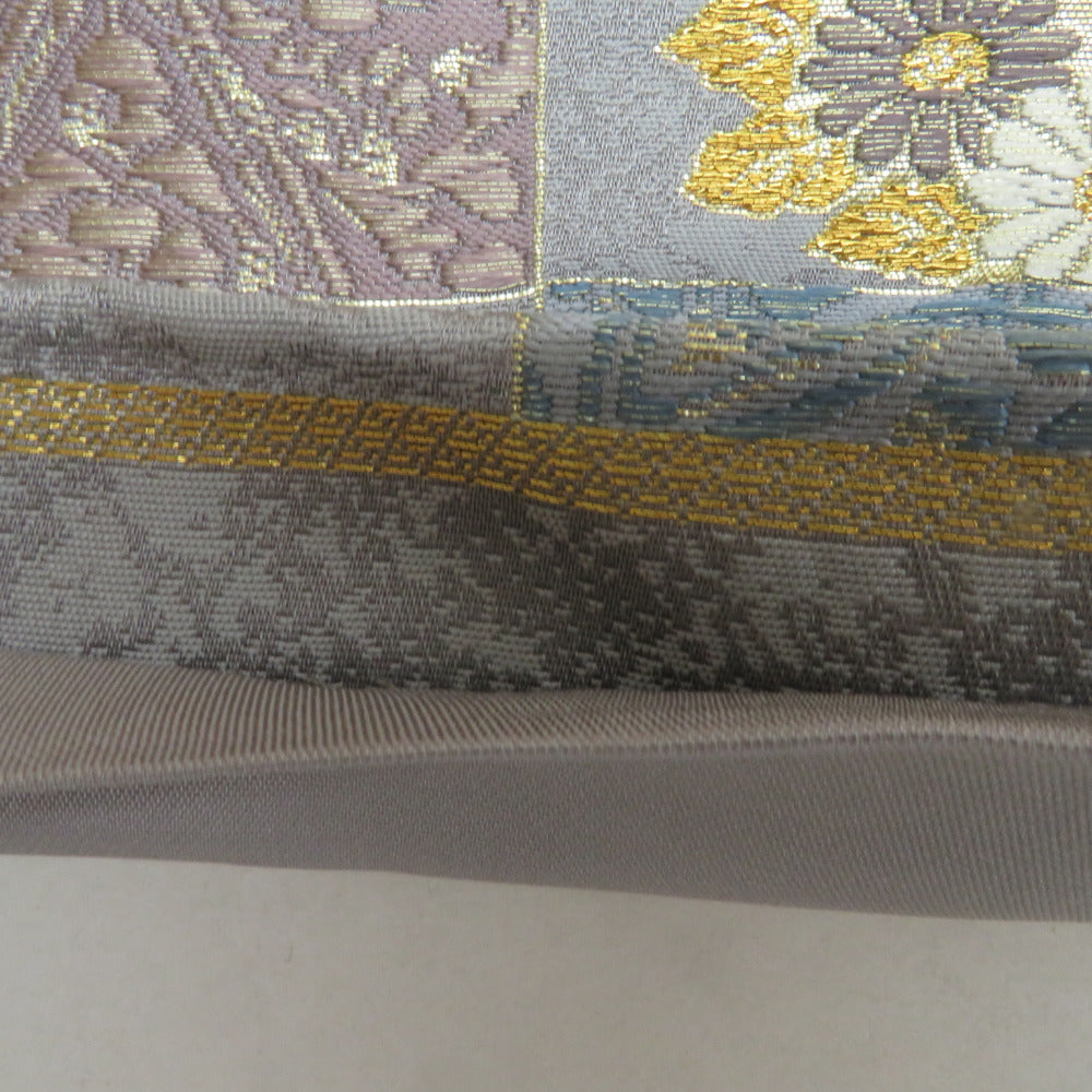 袋帯 振袖用 金糸銀糸 グレーx多色 市松に花々紋様 六通柄 正絹