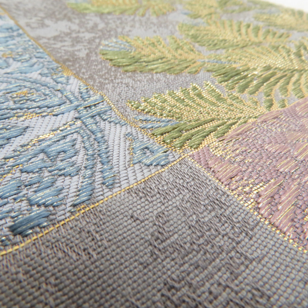 袋帯 振袖用 金糸銀糸 グレーx多色 市松に花々紋様 六通柄 正絹