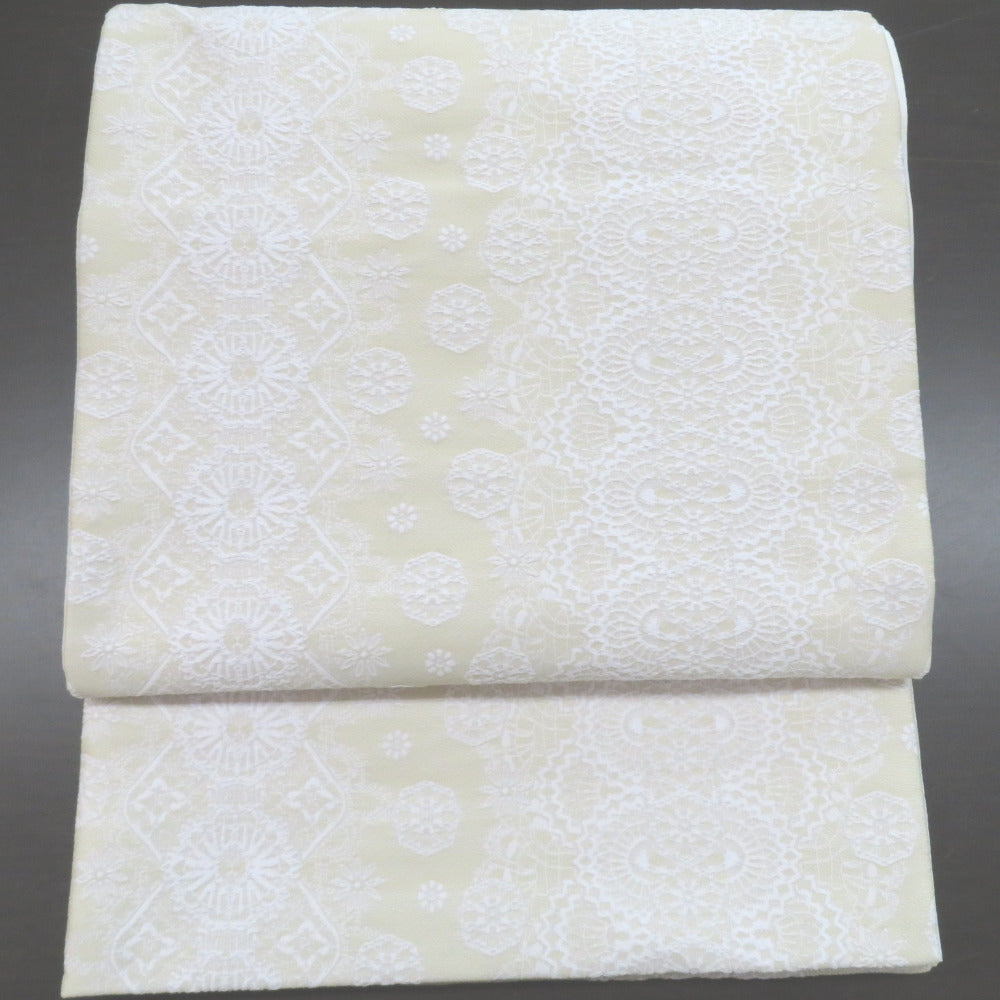 西陣織 (にしじんおり) 袋帯 振袖用 西陣織 クリーム×ホワイト レース柄 六通柄 交織 仕立て上がり 着物帯 【キモノオフ野々市若松店】 西陣織 (にしじんおり) 袋帯 振袖用 西陣織 クリーム×ホワイト レース