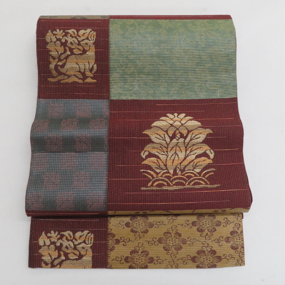 袋帯 全通柄 纐纈 膨れ織 赤色 黒色 抽象 正絹 カジュアル 着物帯