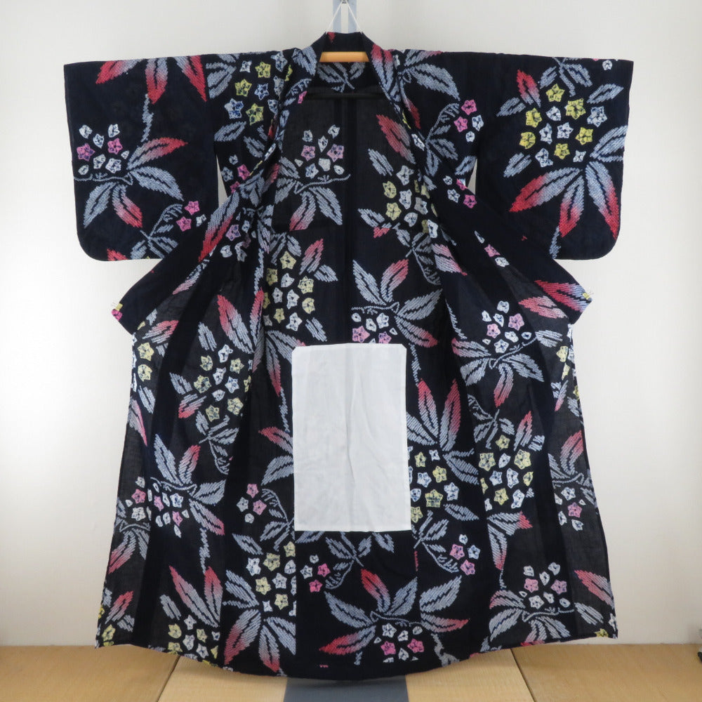浴衣 絞り浴衣 紺色x白色x黄色x赤色 花模様 仕立て上がり 夏物 女性