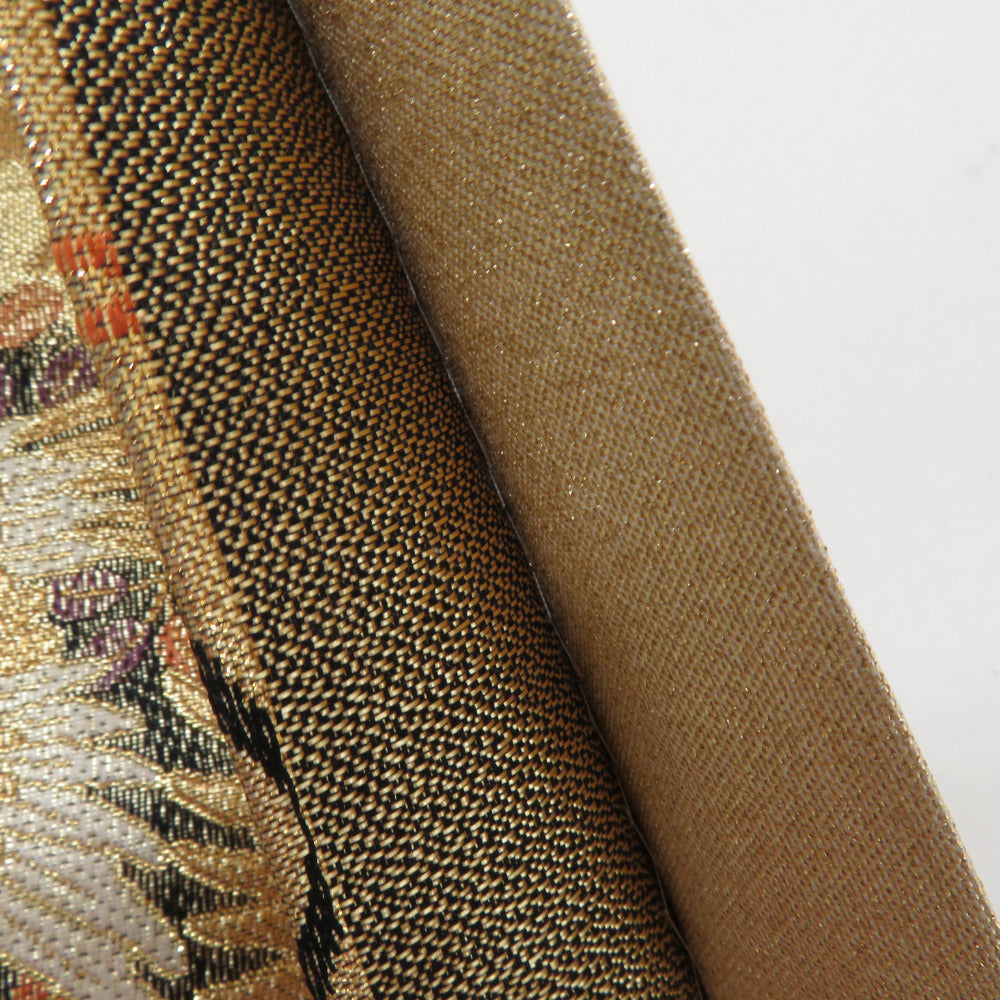 袋帯 正絹 金色x黒色x多色 丸文に花鳥蝶々 ゴールド系 六通柄 金糸