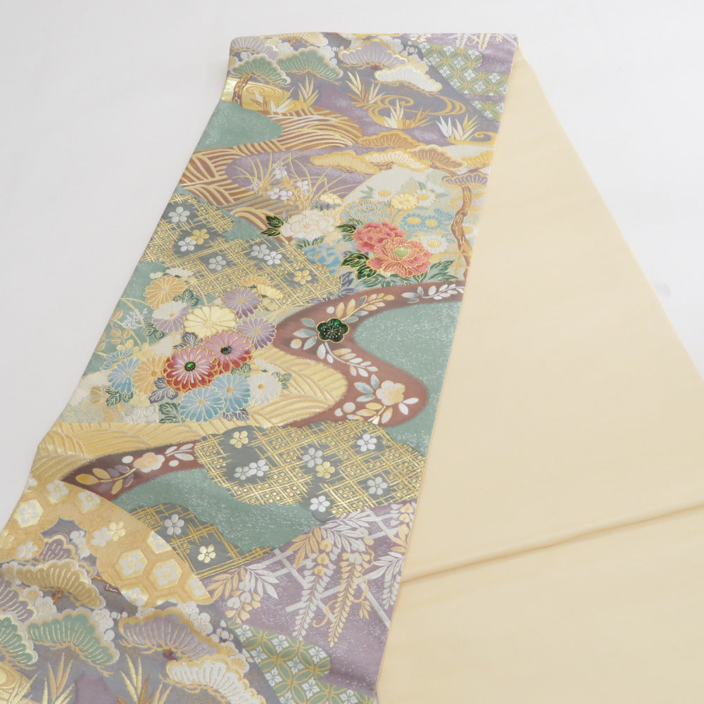 袋帯 正絹 パステル系 螺鈿入り 緑色ｘ紫色ｘ金色 流水に切嵌の吉祥模様 六通柄 金糸 フォーマル 礼装 長さ456cm【中古】 【キモノオフ野々市若松店】 袋帯 正絹 パステル系 螺鈿入り 緑色x紫色x金色 流水に切嵌の吉祥