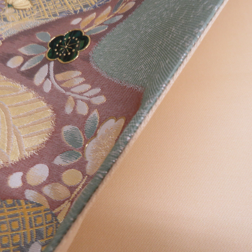 袋帯 正絹 パステル系 螺鈿入り 緑色x紫色x金色 流水に切嵌の吉祥