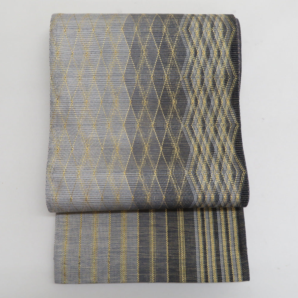 袋帯 正絹 黒色x灰色x金色 金糸 網織り 幾何学模様 菱型模様 お太鼓