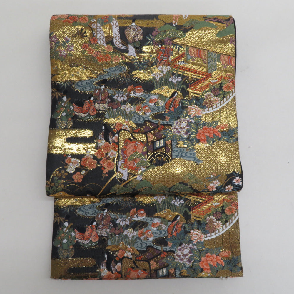 かず 袋帯 正絹 朱金錦 本金重ね箔 黒色x金色x多色 金糸 平安