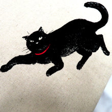 画像をギャラリービューアに読み込む, 名古屋帯 綿 ベージュ系 黒猫文様 全通柄 カジュアル 仕立て上がり コットン 長さ374cm 未使用品