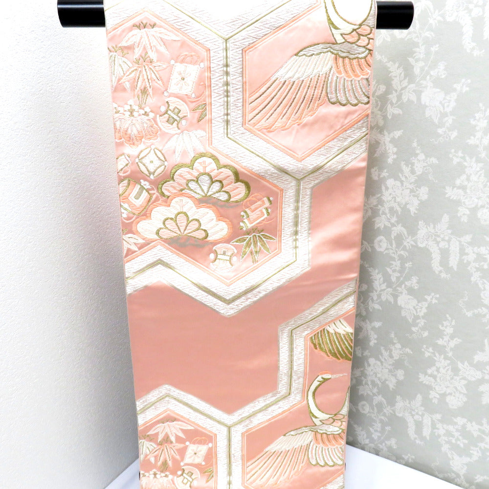袋帯 ピンク 金 白 銀 毘沙門亀甲調 鶴 宝文様 刺繍 六通柄 正絹