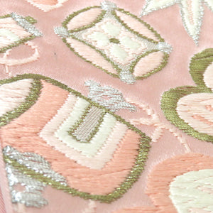 袋帯 ピンク 金 白 銀 毘沙門亀甲調 鶴 宝文様 刺繍 六通柄 正絹 仕立て上がり フォーマル 長さ421cm