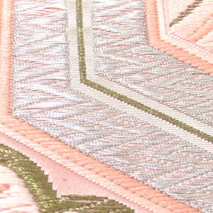 袋帯 ピンク 金 白 銀 毘沙門亀甲調 鶴 宝文様 刺繍 六通柄 正絹 仕立て上がり フォーマル 長さ421cm