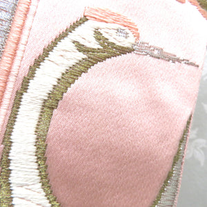 袋帯 ピンク 金 白 銀 毘沙門亀甲調 鶴 宝文様 刺繍 六通柄 正絹 仕立て上がり フォーマル 長さ421cm