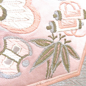 袋帯 ピンク 金 白 銀 毘沙門亀甲調 鶴 宝文様 刺繍 六通柄 正絹 仕立て上がり フォーマル 長さ421cm