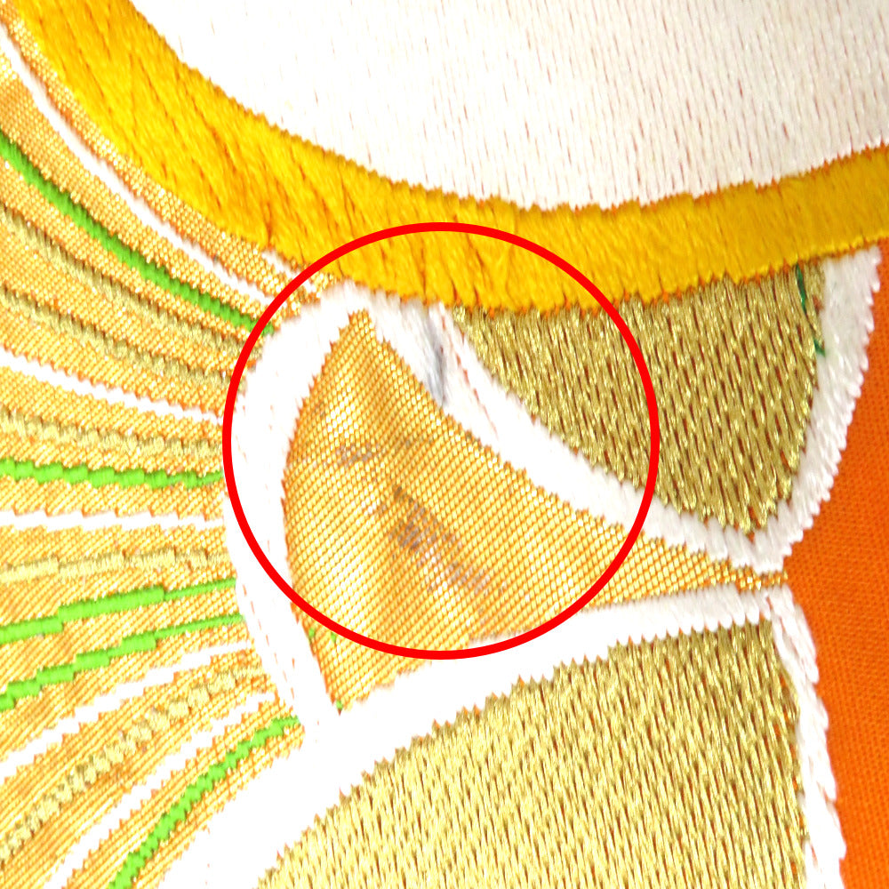 袋帯 グリーン×オレンジ×ゴールド    正絹 袋帯 オレンジ 白 金 緑 黄 青 大花 六通柄 正絹 仕立て上がり