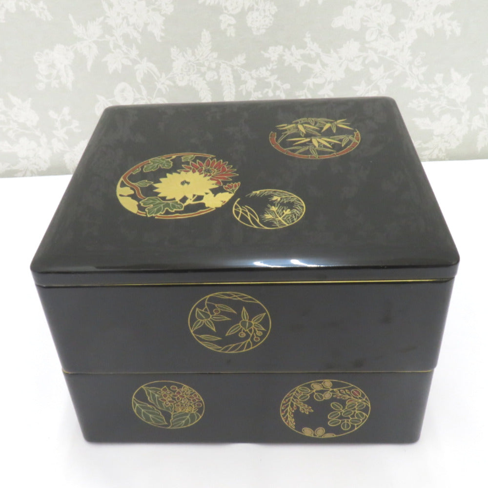 骨董 漆器 重箱 金色模様 2段重 重台付 木製 漆器 蒔絵 木箱