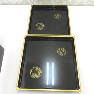 骨董・民芸品 御重 重箱 二段重 黒 漆器 蒔絵 重台 共箱有