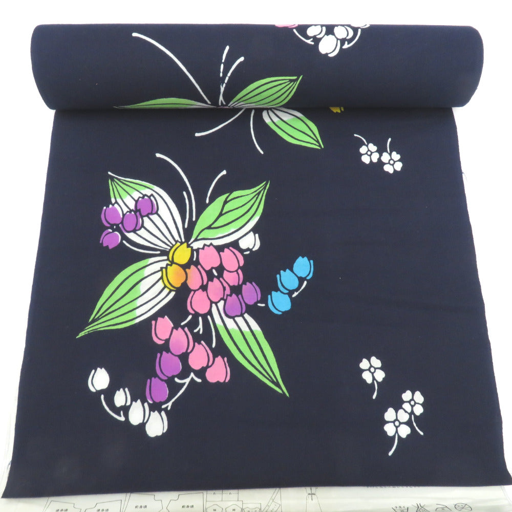 反物 浴衣反物 紺地 花・葉 綿100％ 未仕立て 糸留めあり 和裁