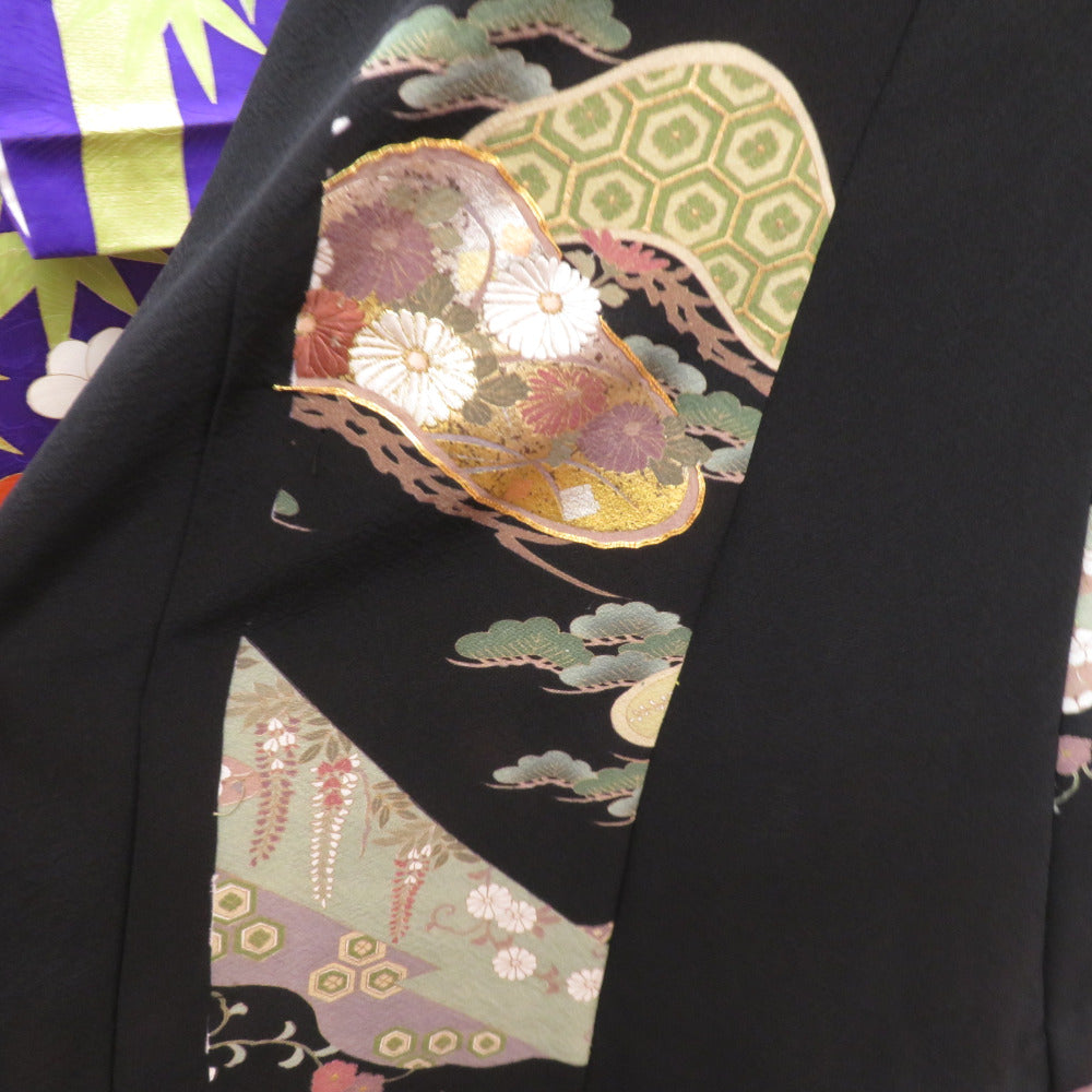 黒留袖 黒留袖ワンピース 松に花々文様 正絹 箔入り Mサイズ 礼装
