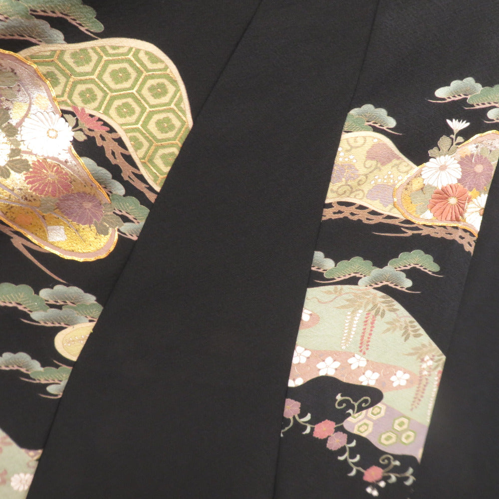 黒留袖 黒留袖ワンピース 松に花々文様 正絹 箔入り Mサイズ 礼装