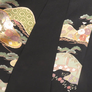 黒留袖 黒留袖ワンピース 松に花々文様 正絹 箔入り Mサイズ 礼装 フォーマル 留袖ドレス 仕立て上がり 着物リメイク