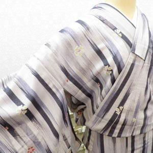 正絹 単衣 小紋 グレー 縞 小花