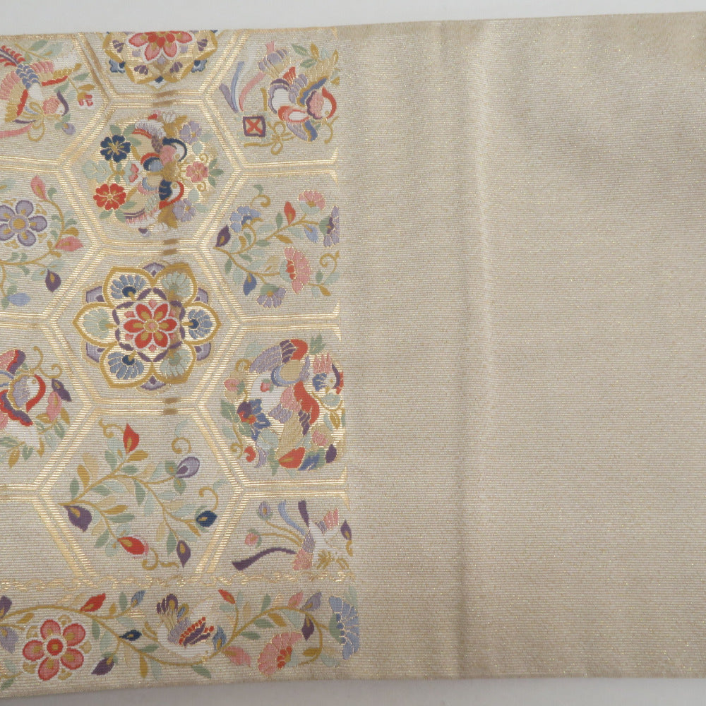 袋帯 正絹 金色ｘ多色 亀甲に花鳥文 金糸 六通柄 礼装 フォーマル 長さ435cm【中古】 【キモノオフ野々市若松店】 袋帯 正絹 金色x多色 亀甲に花鳥文 金糸 六通柄 礼装 フォーマル 長さ