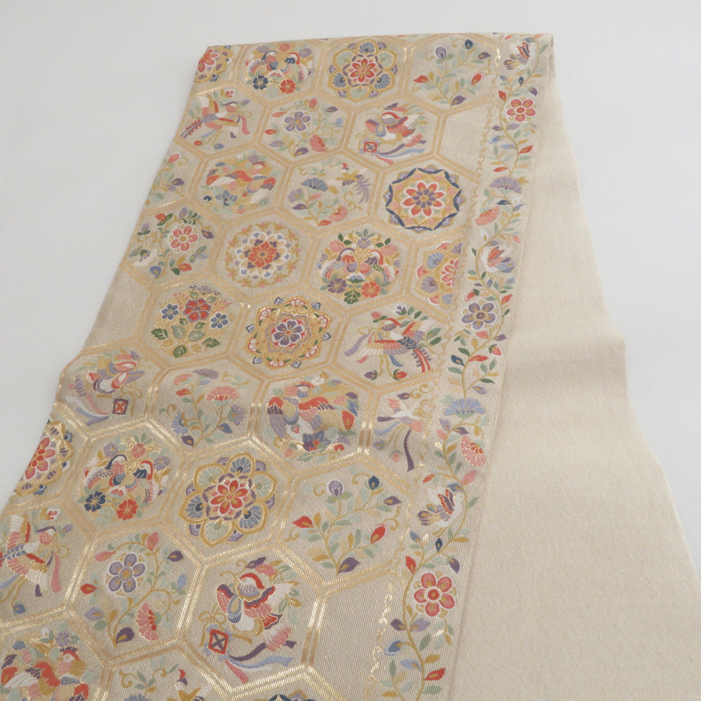 袋帯 正絹 金色x多色 亀甲に花鳥文 金糸 六通柄 礼装 フォーマル 長さ