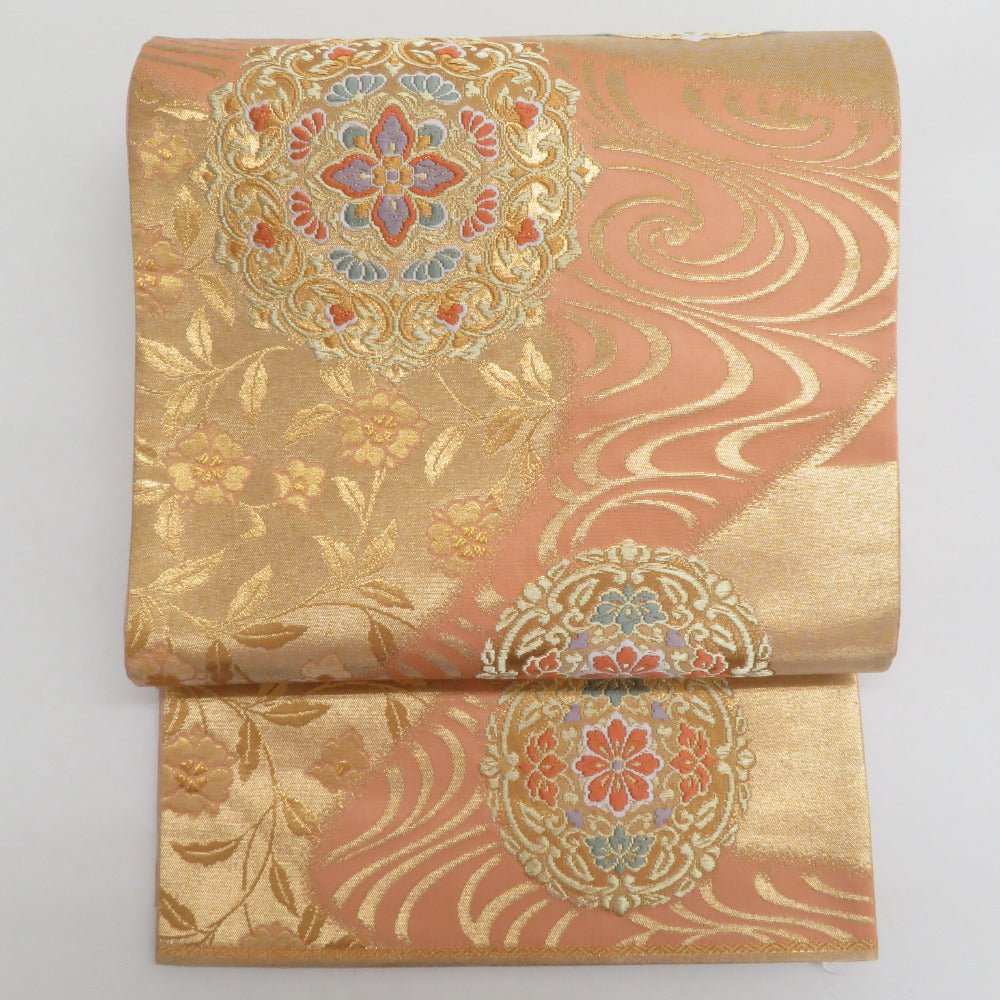 袋帯 正絹 流水に華文 薄オレンジ色x金色 金糸 六通柄 フォーマル
