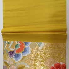 画像をギャラリービューアに読み込む, 袋帯 正絹 寿栄中唐花華紋 辛子色ｘ金色x多色 カラフル 金糸 六通柄 フォーマル 礼装 長さ432cm