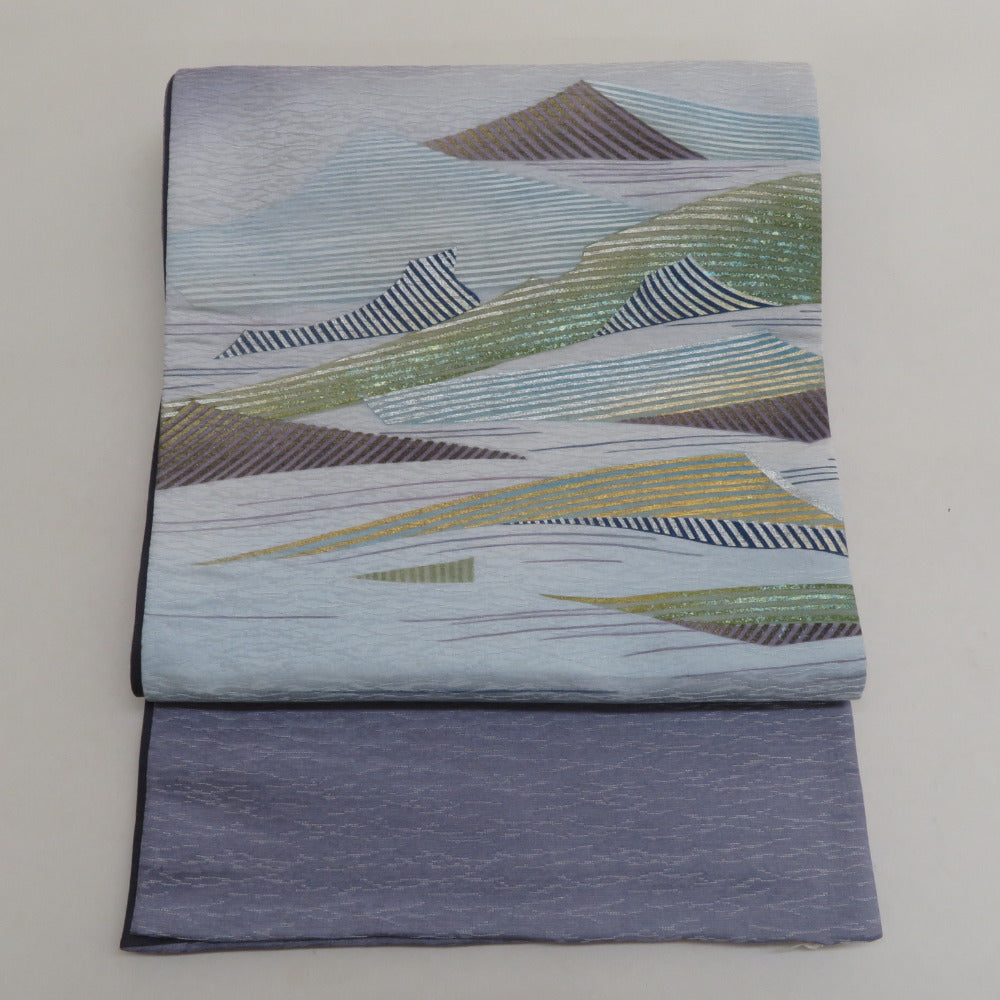 袋帯 正絹 紫色x緑色 ぼかし 銀糸 パステル系 波模様 お太鼓柄