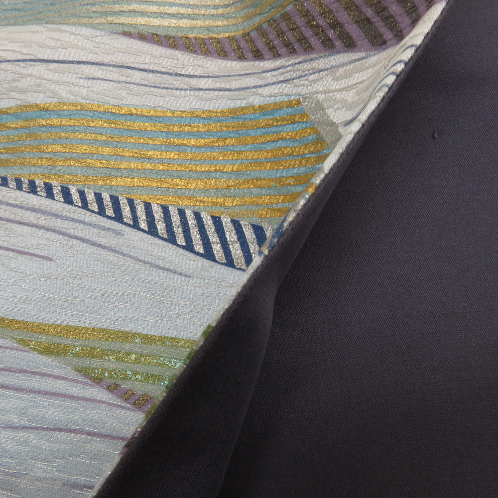 袋帯 正絹 紫色x緑色 ぼかし 銀糸 パステル系 波模様 お太鼓柄