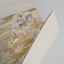 画像をギャラリービューアに読み込む, 袋帯 正絹 金糸 ゴールド系 丸に季節の花々文様 金色ｘ多色 六通柄 フォーマル 礼装 長さ432cm