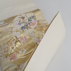 袋帯 正絹 金糸 ゴールド系 丸に季節の花々文様 金色ｘ多色 六通柄 フォーマル 礼装 長さ432cm