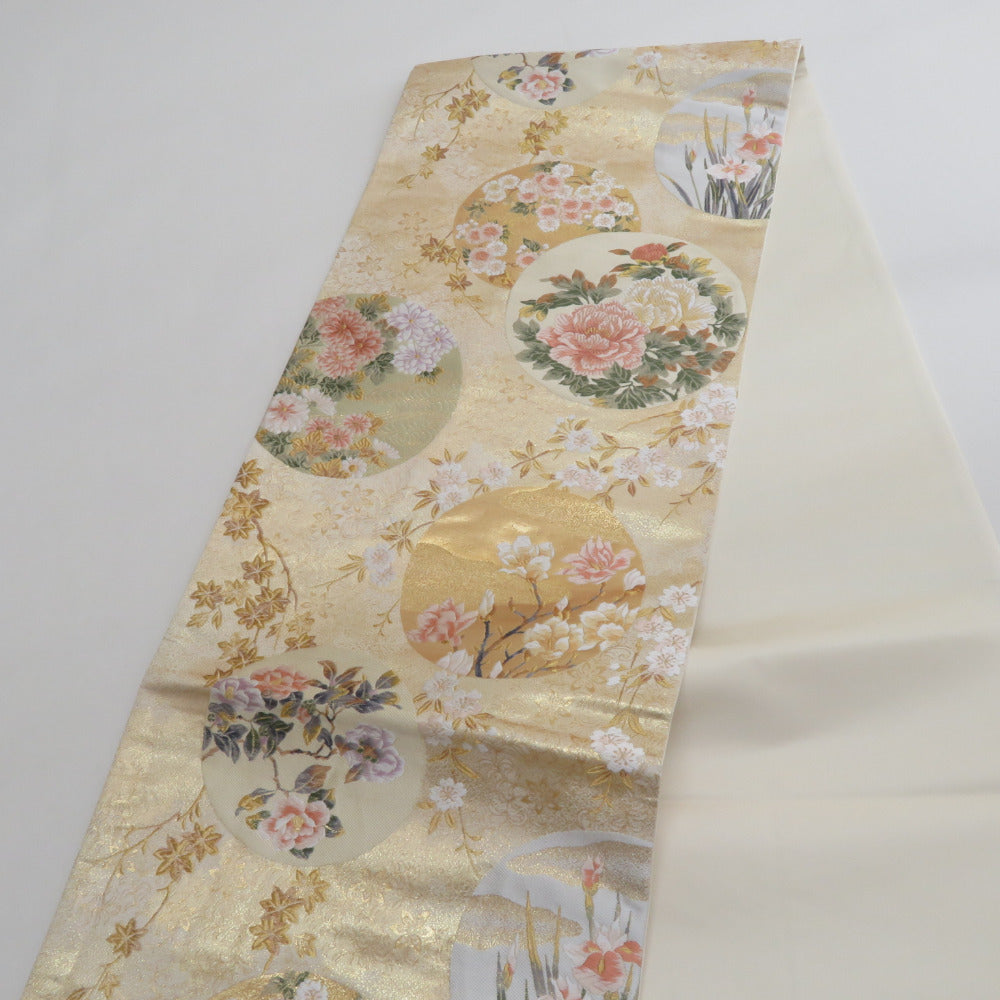 袋帯 正絹 金糸 ゴールド系 丸に季節の花々文様 金色x多色 六通柄