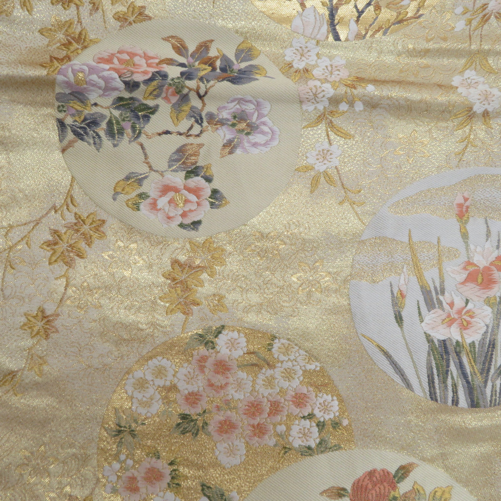 袋帯 正絹 金糸 ゴールド系 丸に季節の花々文様 金色ｘ多色 六通柄 フォーマル 礼装 長さ432cm【中古】 【キモノオフ野々市若松店】 袋帯 正絹 金糸 ゴールド系 丸に季節の花々文様 金色x多色 六通柄