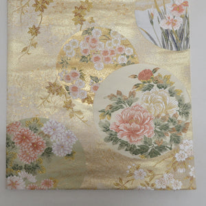 袋帯 正絹 金糸 ゴールド系 丸に季節の花々文様 金色ｘ多色 六通柄 フォーマル 礼装 長さ432cm